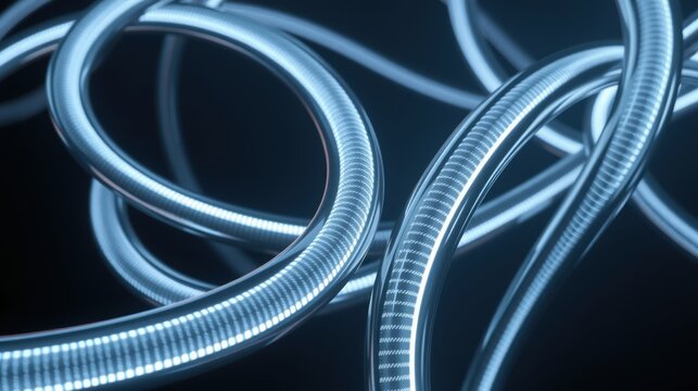Abstract metallic curves, cool blue tones, smooth surfaces. Complex interwoven shapes suggest futuristic design, technology. Minimalist composition.