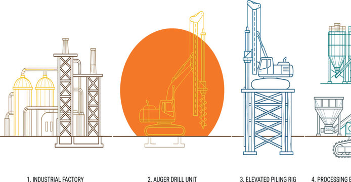 Industrial Factory Auger Drill Unit Elevated Piling Rig and Processing Plant Outline Icon Set Vector Design