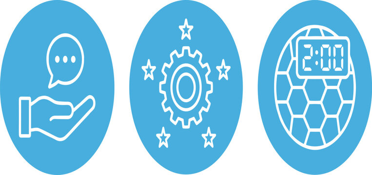 Chat Hand Gear with Stars and Soccer Ball Timer Blue Oval Outline Icon Set Vector Illustration Design