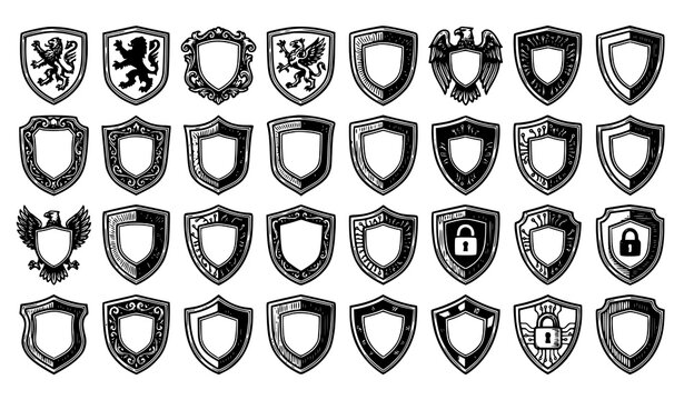 Collection of 30 unique shield logos and icons
