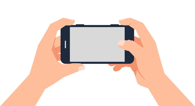 Hands Holding Smartphone in Landscape Orientation on White Background