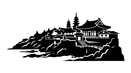 Fototapeta premium Vector silhouette of Haedong Yonggungsa Temple with pagodas and coastal cliffs, iconic South Korean Buddhist architectural landmark art
