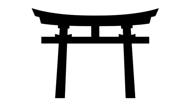 Vector silhouette of Torii Gate with curved lintel and twin pillars, iconic Japanese Shinto architectural cultural landmark art