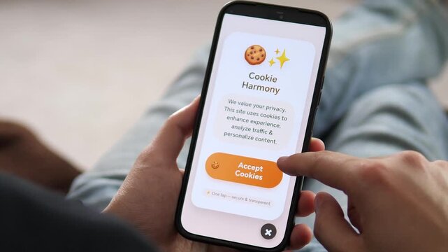 Modern user clicking Accept Cookies on a smartphone. Visualizes digital privacy, data tracking, and website consent. Perfect for tech, cybersecurity, and web development videos. High-quality UI, UX