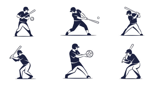 Baseball Player Set: Batting, Pitching, Catching Poses - Vector Icons