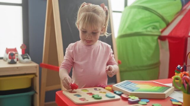 Little blonde girl placing a wooden puzzle piece with her right hand on a table in a studio; concentration learning.