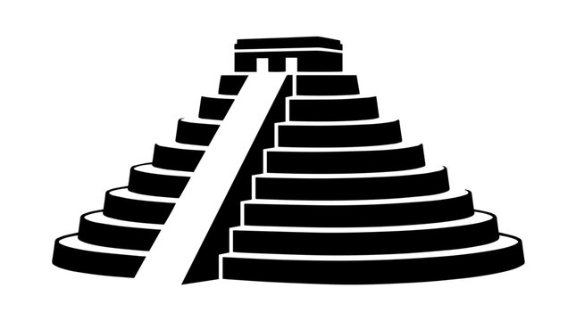 Vector silhouette of Chich&eacute;n Itz&aacute; Pyramid with stepped terraces and temple top, iconic Mexican Mayan architectural landmark art
