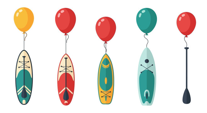 Colorful Balloons Lifting Stand Up Paddleboards and Paddle on White Background