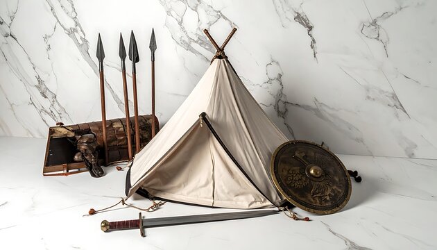Ancient military camp scene with a tent, spears, shield, and sword, historical reenactment setup, rustic artifacts, warrior equipment display