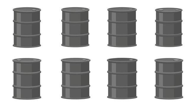 Eight Gray Oil Barrels Stacked in Two Rows on White Background