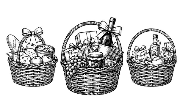 Gift baskets with gourmet food and wine