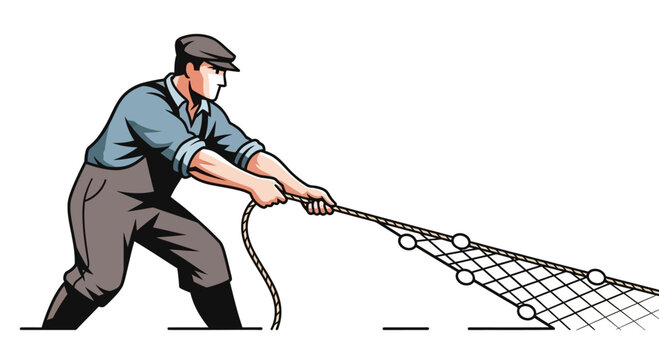 Fisherman pulling fishing net with floats from water, vintage illustration