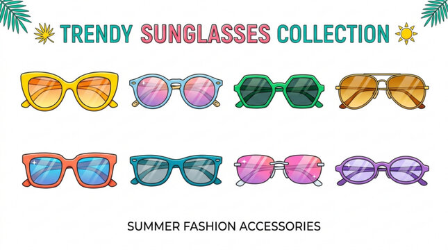 Colorful trendy sunglasses collection displayed in vibrant summer fashion style with geometric patterns and bright frames
