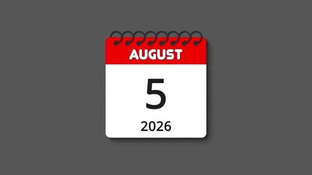 Monthly calendar animation with spiral ring coil binding, tear-off effect and realistic shadow for August 2026, perfect for time, schedule, event, and planning themes, transparent alpha channel BG