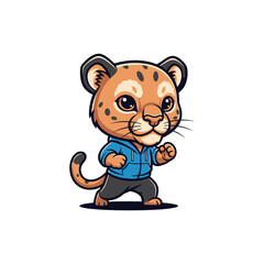 Fototapeta premium Vector illustration of a cute cartoon puma cub character with spotted orange fur wearing a blue hoodie and black pants, standing in a dynamic action pose on a white background.