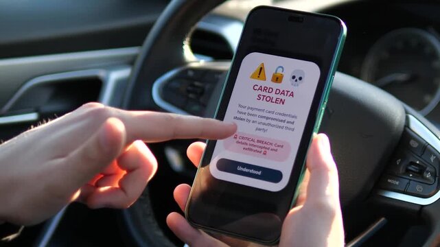 Man Seeing Card Data Stolen Alert on Smartphone in Car. High-impact footage of a Card Data Stolen warning on a phone. Perfect for content about identity theft, financial fraud, and cybersecurity.