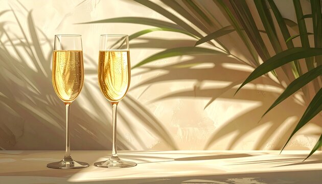 ヤシの葉影が差し込む空間に、二つのグラスを左手前に配置したリゾート風イメージ。
透明感のあるガラスと光と影のコントラストが、爽やかな夏の雰囲気を演出。
シンプルな構図で、カフェ、ホテル、ライフスタイル、広告デザインに最適。
旅行、ウェルネス、SNS、イベントビジュアル向けに使いやすい写真素材