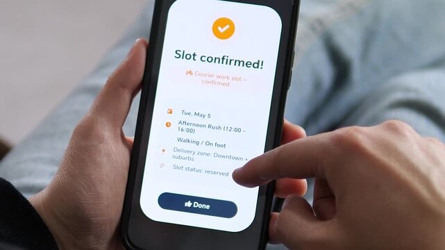 Professional mobile interface showing Slot confirmed for a courier work shift. Detailed UI features delivery zones and timing. Ideal for tech promos, logistics software, and e-commerce business videos