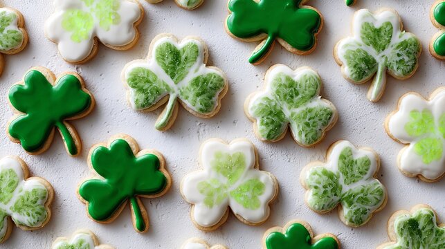 St. Patrick's Day Shamrock Shortbread Cookies with Green and White Royal Icing Pattern on White Surface