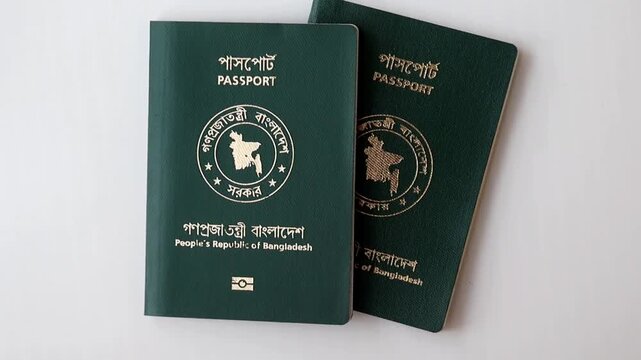 Two official green passports of the People's Republic of Bangladesh. This video is perfect for travel agency marketing, immigration news, and visa processing services.