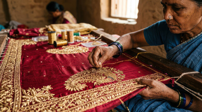 Sari Embroidery by Indian Artisan with Gold Thread and Craftsmanship