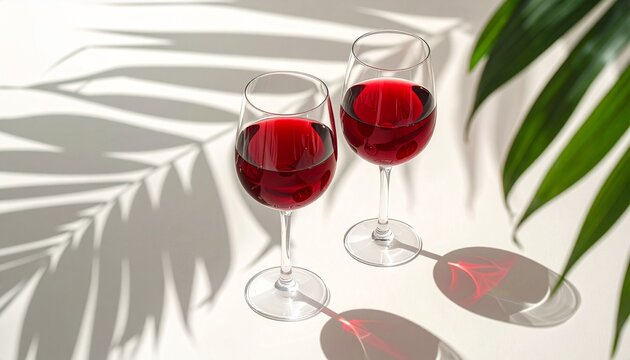 ヤシの葉影が差し込む空間に、二つのグラスを左手前に配置したリゾート風イメージ。
透明感のあるガラスと光と影のコントラストが、爽やかな夏の雰囲気を演出。
シンプルな構図で、カフェ、ホテル、ライフスタイル、広告デザインに最適。
旅行、ウェルネス、SNS、イベントビジュアル向けに使いやすい写真素材