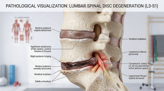 Revealing the detailed process of spinal disc degeneration in the lower back impacting delicate nerves