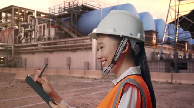 Side View of Asian Female Engineer Taking Note on Tablet While Walking at Plant with Gas Storage Tanks and Complex Pipeline System at Sunset