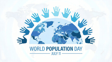 Naklejka premium World population day july 11 earth surrounded by hands