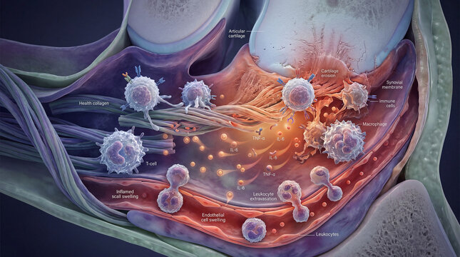 Inflammatory cascade within an arthritic joint revealing active cartilage erosion and vigorous immune cell infiltration at a microscopic level