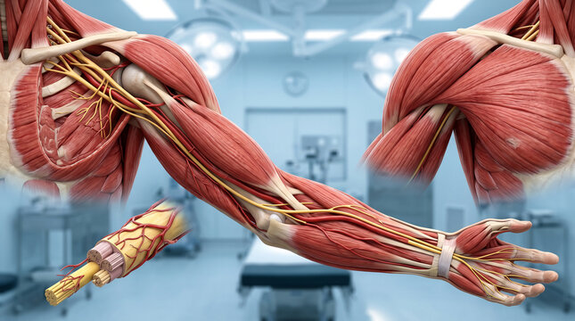 Detailed anatomical rendering displaying human arm muscles and the complex network of nerves