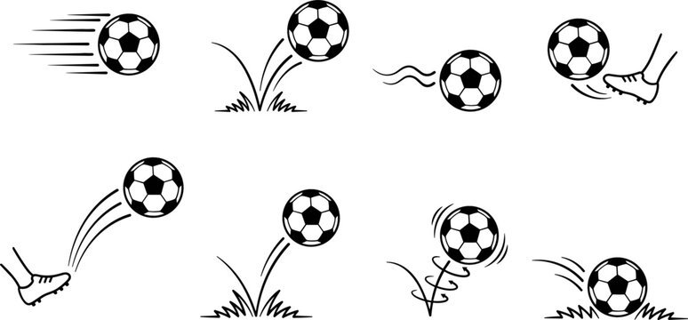 Set of soccer ball icons showing motion including kicking, bouncing on grass, spinning, and flying with speed lines for sports design projects.