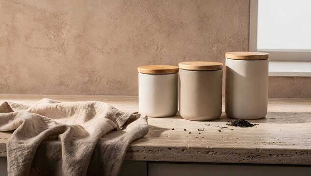 Elegant ceramic kitchen canisters and loose tea on a textured stone counter in warm natural light.