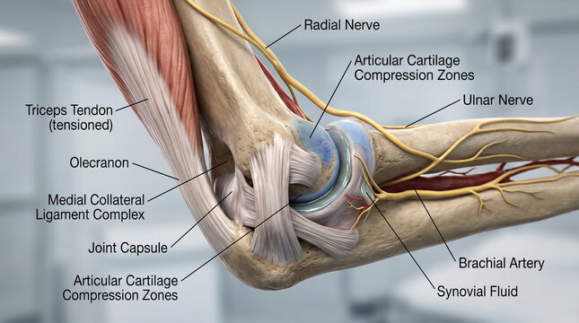 Journey into the intricate human elbow showcasing bones, muscles, ligaments, and vital nerves in a precise anatomical render