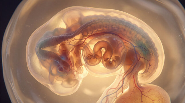 Delicate human embryo bathed in a warm, ethereal glow, showcasing the marvel of early development inside the protective sac