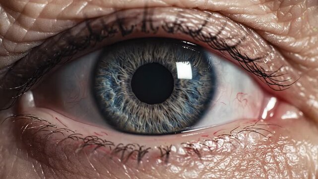This shows a close-up of a human eye with a blue iris and detailed wrinkles around it. The eye appears to be looking directly at the camera, with a shiny tear visible in the corner. The could be used