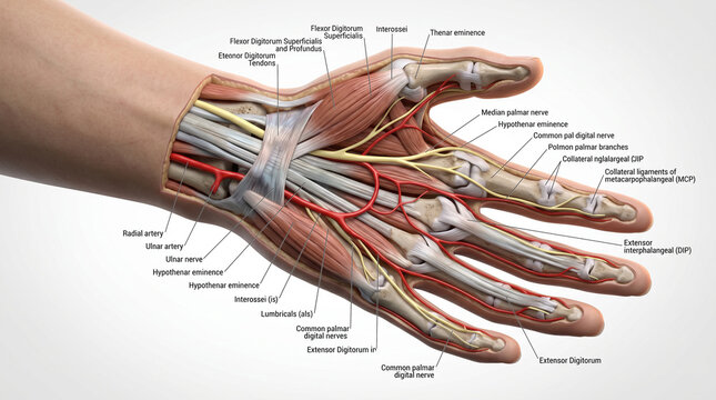 Anatomical masterpiece of the human hand, illustrating the deep tapestry of muscles, bones, nerves, and circulatory pathways