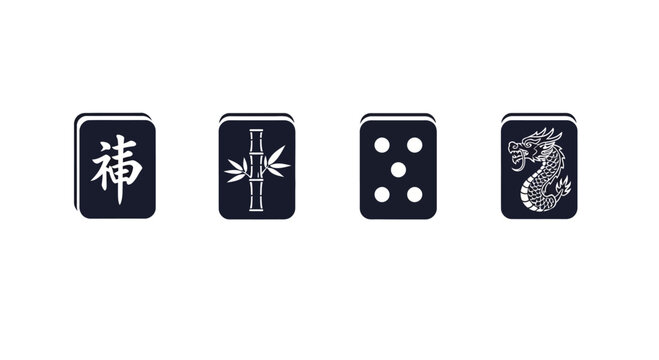 Chinese Mahjong Tiles, Dice, and Dragon Icon on White Background
