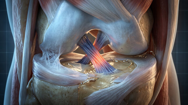 Journey into the knee's anatomical core, visualizing the robust structure of ligaments and bones with a vivid area of strain