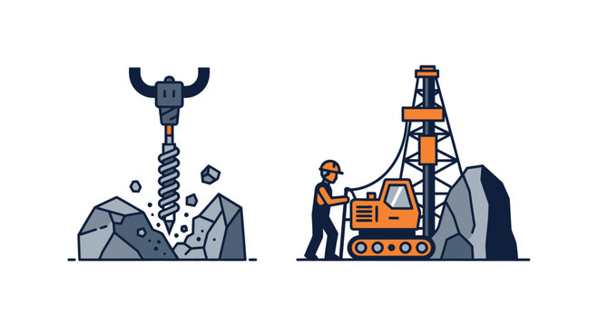 Construction worker operating drilling rig and jackhammer breaking rocks, industry concept
