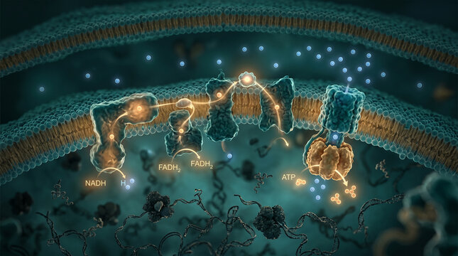 Cellular energy symphony unfolds as proteins guide electron flow and build ATP across a vibrant mitochondrial membrane
