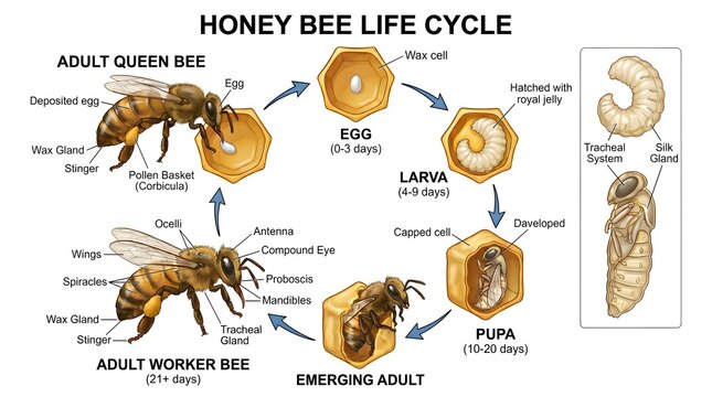 Honey bee life cycle illustration showing adult queen and adult worker bees around egg, larva, pupa and emerging adult in wax cells, with labeled body parts and developmental changes used as an educat