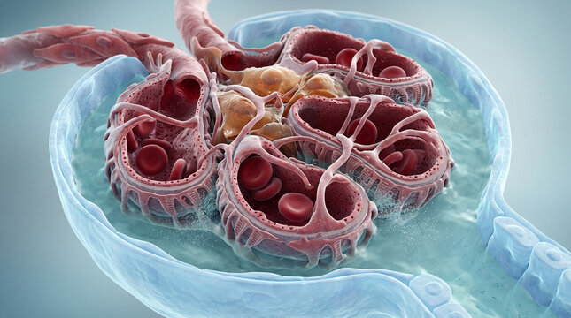 Delicate architecture of a renal glomerulus filtering vital blood within the human kidney, showcasing life's essential purification