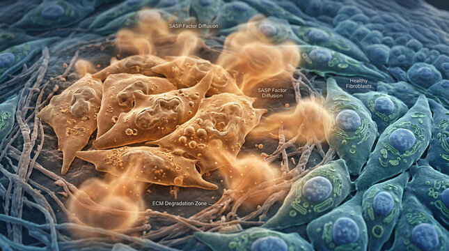 Microscopic cascade of cellular aging where vibrant orange cells release SASP Factors, eroding Extracellular Matrix near resilient blue fibroblasts