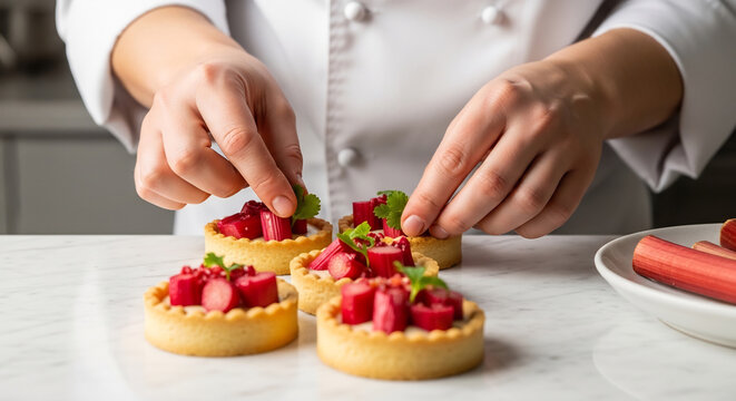 Artisan Baker Arranging Fresh Seasonal Rhubarb Tarts in a Bright Kitchen