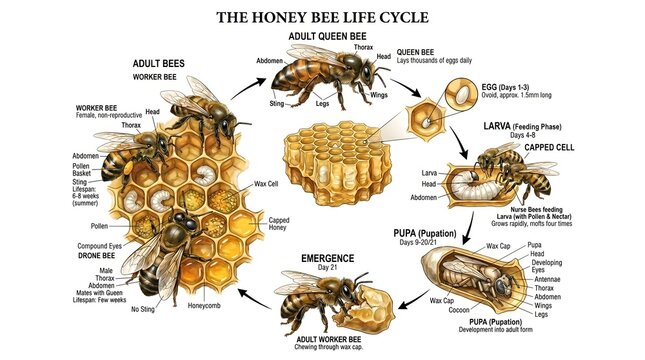 The honey bee life cycle illustration showing adult queen on brood comb, eggs, larvae, capped pupae, emerging adult and worker bees around wax cells, explaining development and social organization in 