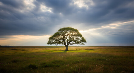 Fototapeta premium A lonely tree stands as a silhouette against a dramatic sunset sky over a rural field meadow at dusk