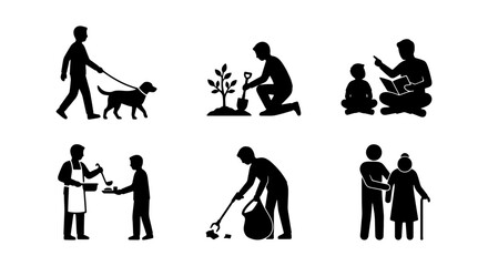Fototapeta premium Diverse Human Activities Set: Gardening, Walking Dog, Teaching, Serving Food, Cleaning, Elder Care Icons