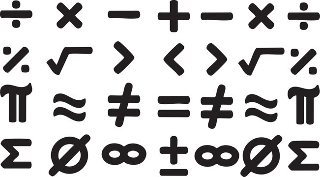 Plus, minus, multiply, divide, and equal sign icon design set, showcasing clean mathematical symbol icons for arithmetic, education, calculators, and digital interface design.