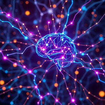 Cervello digitale luminoso in una rete neurale astratta, concetto di intelligenza artificiale e machine learning, rendering 3D	